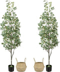 6FT Artificial Eucalyptus Tree with Wicker Basket & Black Pot, Indoor Green Faux Eucalyptus Trees, Fake Eucalyptus Plants with Lifelike Leaves & Natural Trunk for Home Office Bedroom, 1 Pack