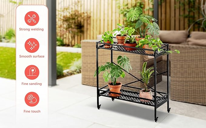 Zhongma 2 Tier Window Height Sturdy Metal Plant Stand with Wheels, 36.6x16x39.4 Inch High, Heavy Duty Succulent Shelf for Home Indoor and Outdoor, 440 LBS Capacity & Heavy Duty Construction