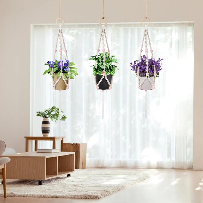 Hotfiary Plant Hanger Indoor Hanging Plant Holder Hang Planter Basket Wood Bead Decorative Flower Pot Holders Boho Farmhouse Rustic Decor Indoor Outdoor (Pot Not Included)