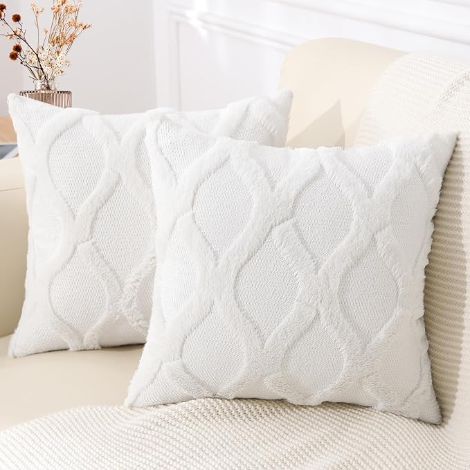decorUhome Spring Euro Sham Throw Pillow Covers 22x22 Inch Set of 2, Soft Plush Faux Fur Wool Cream White Accent Couch Pillow Covers for Modern Farmhouse Bed Sofa Living Room
