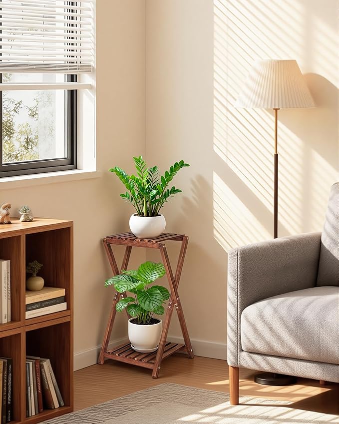 Tall Plant Stand Indoor, Wooden 2 Tier Plant Shelf for Multiple Plants, Corner Square Plant Display Rack, Flower Potted Stand for Living Room Balcony Bedroom Office
