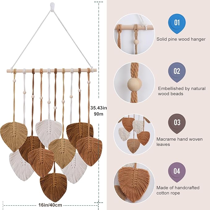 Macrame Wall Hanging Leaves Tapestry, EaseMykit Nursery Decor Leaves Woven Tapestry Feather Handmade Yarn Tassels Boho Wall Decor Leaves Art Decorations for Bedroom Living Room Apartment Home Backdrop(Autumn Brown)