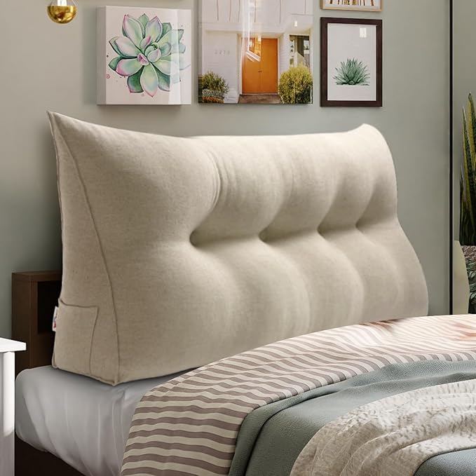WOWMAX Triangular Headboard Pillow Bed Wedge Pillow for Headboard Full Size Wedge Pillow Headboard for Daybed Bunk Bed Large Bolster Pillow for Bed with Removable Cover, 80% Cotton & 20% Linen Blend