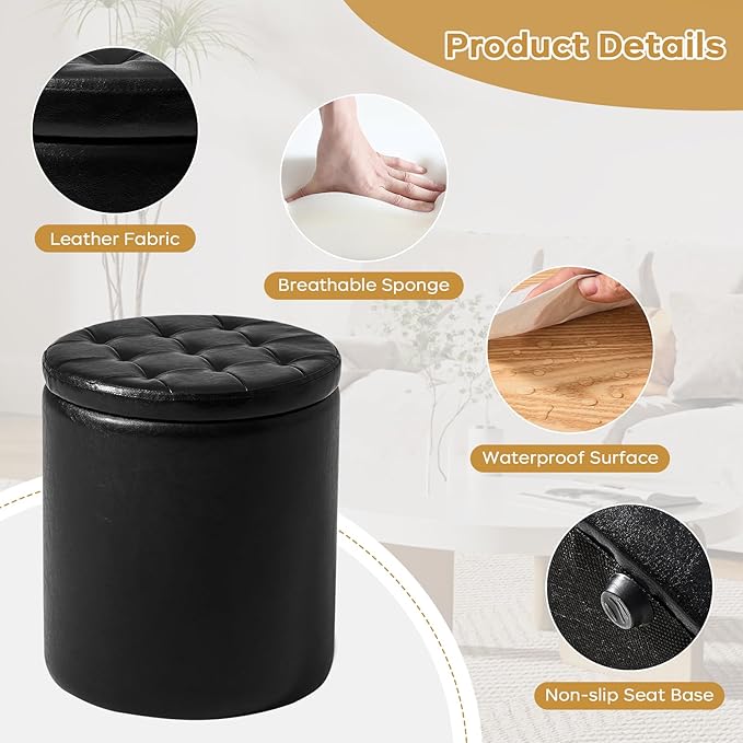 Round Ottoman with Storage Set of 2, 12.6" W x 14.17" H & 14.76" W x 17.32" H Faux Footstool Storage Ottomans for Bedroom, Living Room Padded Coffee Table Ottomen, Black