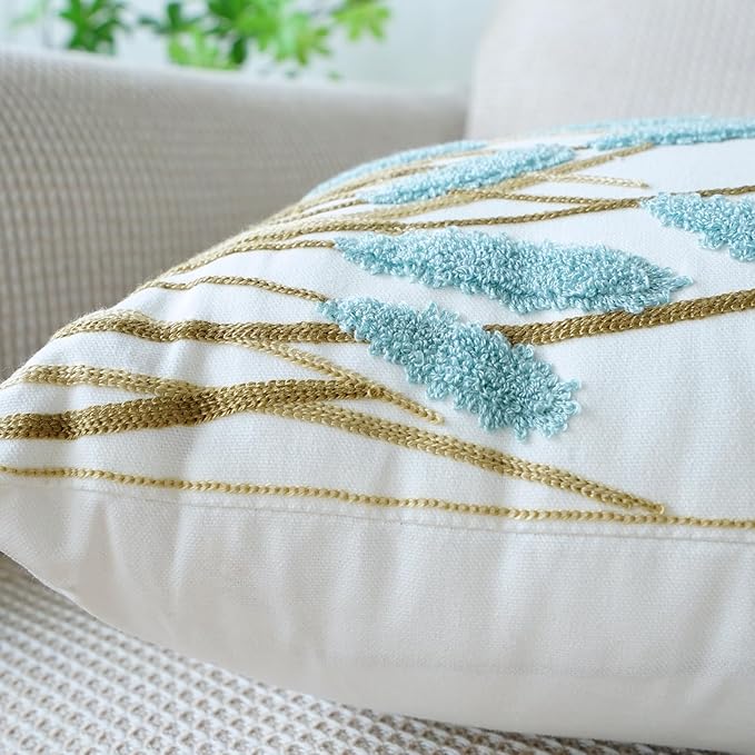 vctops Farmhouse Pampas Grass Cotton Tufted Throw Pillow Cover Boho Embroidery Pillowcase Soft Square Cushion Case for Sofa Couch Bed Chair (Blue C,18"x18")