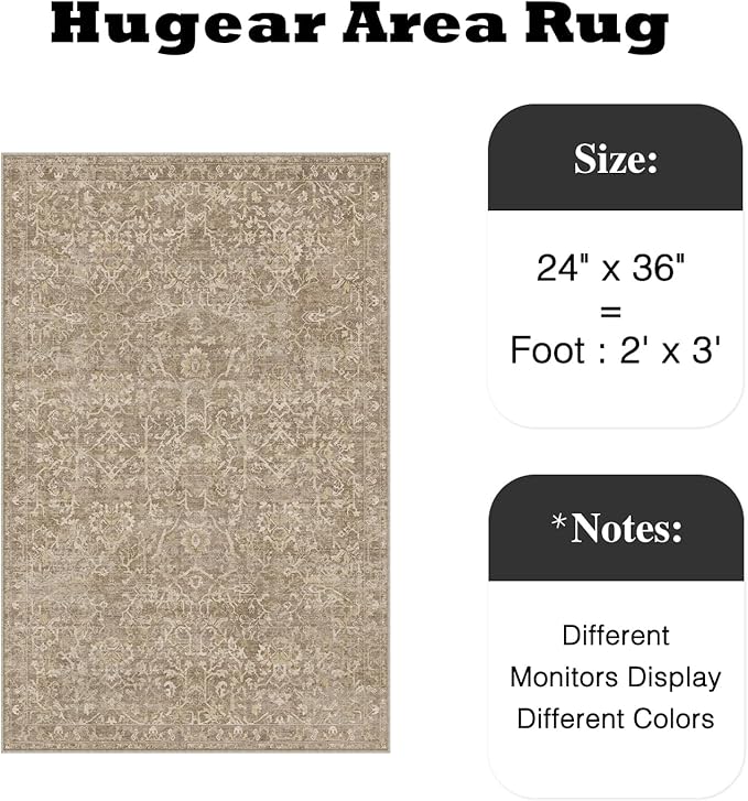 HUGEAR 2x3 Entryway Area Rug Light Brown Small Rug Machine Washable Door Mat Vintage Floral Low Pile Carpet Vacuumable Distressed Throw Rug Entrance Kitchen Bathroom Bedroom Non Slip Lightweight