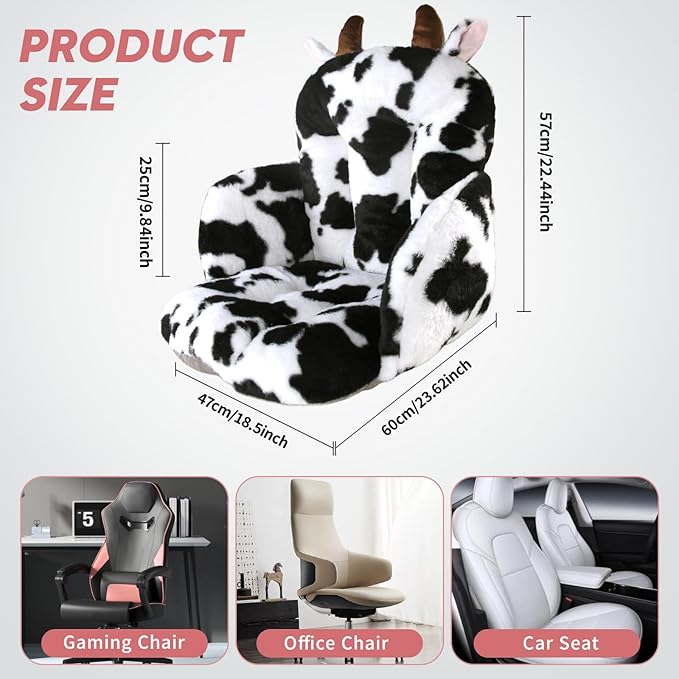Comfy Office Chair Cushion: 17.5" L x 17.5" W x 18" H Cute Seat Cushion Kawaii Cushion for Gaming Chair with Backrest Non-Slip Floor Seating for Adults and Pets Cow Stuff for Room Decor
