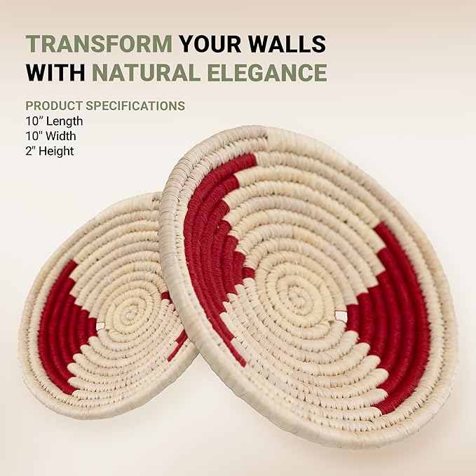 Wicker Village | Handmade Woven Wall Basket Décor | Boho Wall Art | Hanging Accent Rustic Natural Sabai Grass | Red and Beige | Small, Medium, Large Bundle