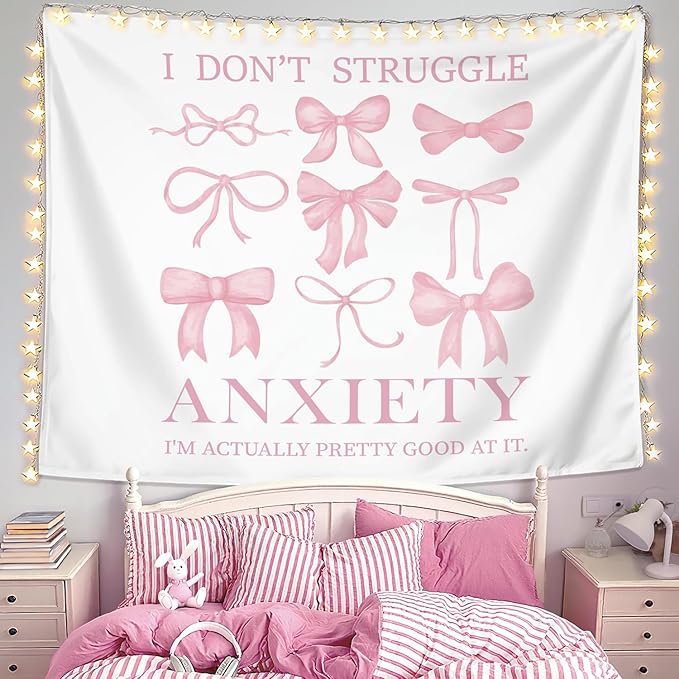 LIANGW Coquette Mental Health Pink Bow Tapestry Wall Hanging, Coquette Preppy Room Decor, Pink Girly Aesthetic Wall Blanket Decor for Girls Room Dorm Apartment, 50x60 Inch