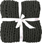 Bigacogo Chunky Knit Throw Blanket for Couch, 40x40 inches, 100% Hand Knitted with Thick Jumbo Chenille Yarn, Cozy Soft Large Rope Knot Cable Crochet Blankets for Sofa Bed Living Room, Dark Grey