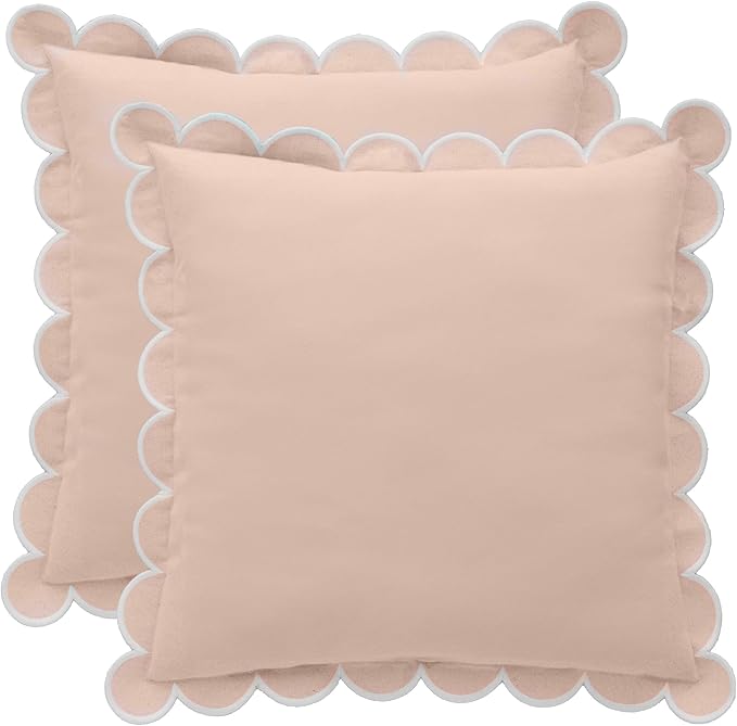 BEBE BASK Scalloped Pillow Cover - Set of 2-18 x 18 Inch - Scallop Pillow Covers – Peach Pink Scalloped Pillows - Scallop Pillows - 100% Cotton - Grandmillennial Style (Peach Pink/White)
