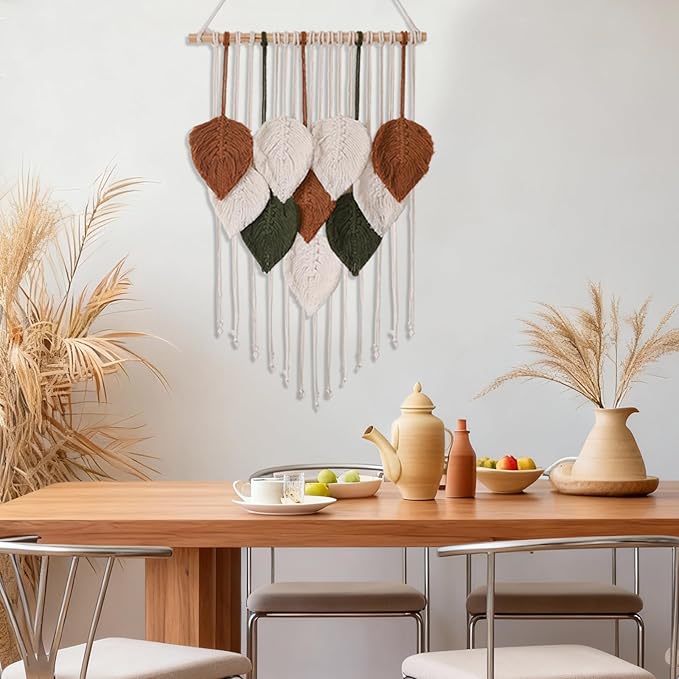Tiaforza Macrame Wall Hanging Decor Art, Handmade Leaf Feather Woven Boho Wall Tapestry, Ideal Decor for Apartment, Bedroom, Living Room, Office, and Dining Area, Size 16.5"x29.5"