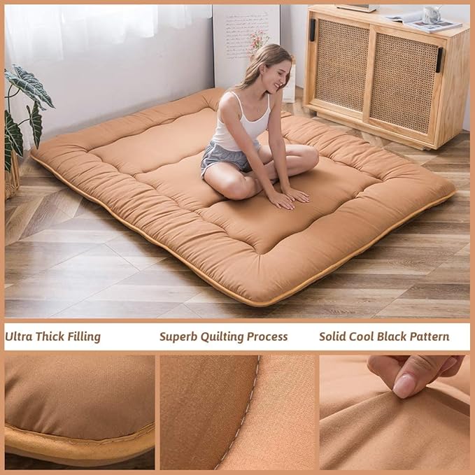 MAXYOYO Japanese Floor Mattress Futon Mattress, Thicken Tatami Mat Sleeping Pad Foldable Roll Up Mattress Boys Girls Dormitory Mattress Pad Kids Floor Lounger Bed, Light Brown, Queen Size