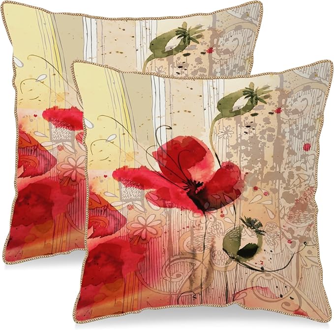 KSLIDS Red Poppy Flower Soft Velvet Throw Pillow Covers Set of 2 Watercolor Art Flower Decorative Pillow Covers 20x20 Inch Retro Beige Pillow Case for Sofa Couch Living Room Farmhouse Home Decor