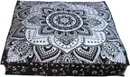 CRAFT KALA Mandala Floor Pillow Cushion Cover Seating Throw Cover Hippie Decorative Bohemian Ottoman Poufs Pillow Cases Boho Indian Cotton Living Room Yoga Home Décor 24" Square, Black Silver Flower