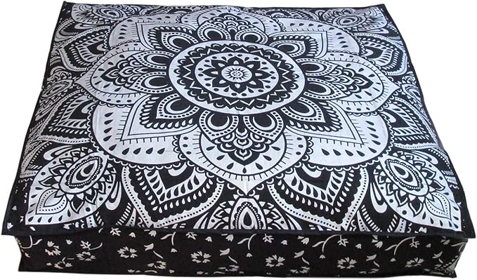 CRAFT KALA Mandala Floor Pillow Cushion Cover Seating Throw Cover Hippie Decorative Bohemian Ottoman Poufs Pillow Cases Boho Indian Cotton Living Room Yoga Home Décor 24" Square, Black Silver Flower