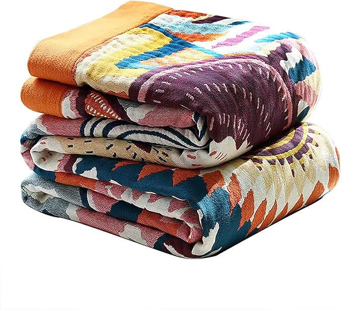 Boho Throw Blanket, 100% Organic Muslin Cotton Skin-friendly Breathable Ultra Soft Bed Quilt Throw - All Season Bohemian Decor Luxury Colorful Blanket for Sofa Couch Chair and Gift. 60" x 80"