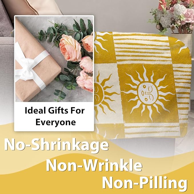 Boho Sun Face Flannel Throw Blanket, Bohemia Sunshine Yellow Birthday Gifts for Kids Men Women, Sunny Plaid Check Stripes Soft Blankets for Bedding Sofa 50" x 60"