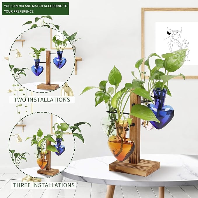 Plant Terrarium Propagation Stations with Wooden Stand, Glass Vase for Indoor Hydroponics Home Garden Office Decoration Gift for Women - 4 Love Bulb Vase