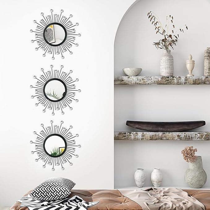 3 Pack Metal Mirrors for Wall Sunburst Wall Mirrors Home Décor Decorative Hanging Wall Art for Living Room Bedroom Entryway (Black Crystal, Sunburst)