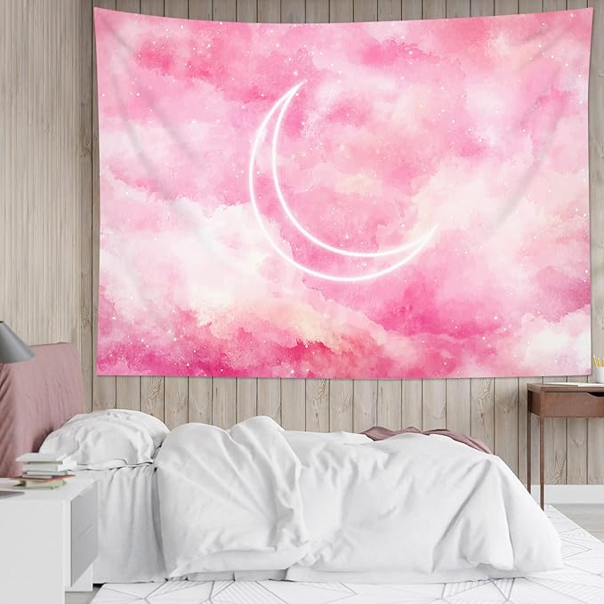 LB Pink Sky Tapestry Fantasy Pink Cloud and Moon Nature Landscape Wall Hanging Colorful Aesthetic Tapestries Wall Blanket for Bedroom Living Room Girl Teen Dorm Party Decor 59x51 Inches