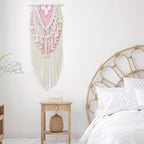 HVEST Pink Macrame Wall Hanging Boho Wall Decor Pink and Beige Tassel Woven Tapestry for Bedroom, Bohemian Tapestry for Girl Kids Room Living Room Nursery Dorm Wall Art Decor, 27L X 13W inches