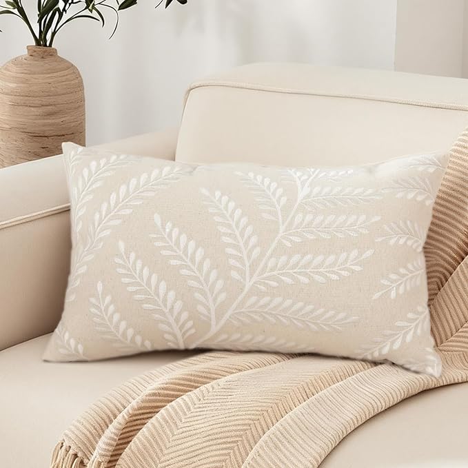 Embroidered Throw Pillow Cover 12x 20, Classical Boho Leaves Natural Linen Pillow Cushion Case, Farmhouse Home Decor for Outdoor Couch Bedroom Car White