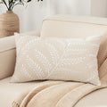 Embroidered Throw Pillow Cover 12x 20, Classical Boho Leaves Natural Linen Pillow Cushion Case, Farmhouse Home Decor for Outdoor Couch Bedroom Car White