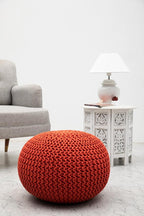 COTTON CRAFT Round Pouf - Hand Knitted Cotton Braid Cord Cable Dori Ottoman - Foot Stool Floor Pouf Footrest Accent Seat Furniture Bean Bag - Living Room Kids Room Nursery Dorm Décor - 20x14 - Orange