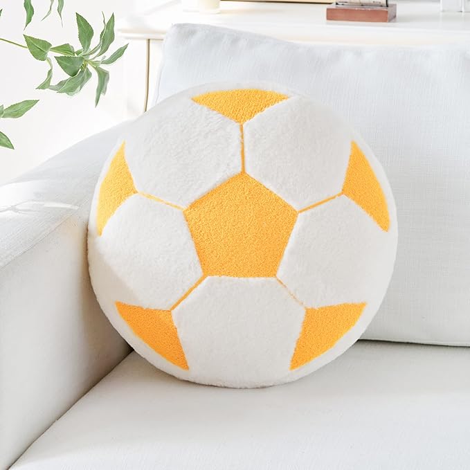 Soccer Pillow,15" Soccer Shaped Pillow Floor Cushion Seating Cushion with Faux Rabbit Fur,Round Soccer Throw Pillow Room Décor for Sofa Couch Living Room (Yellow)