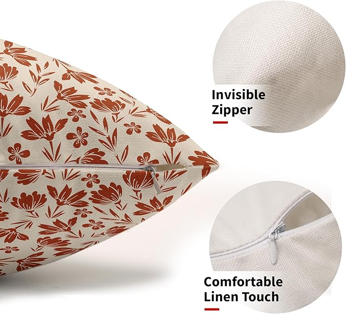 Burnt Orange Floral Pillow Covers 12x20 Set of 2 Vintage Rustic Old Style Cute Flower Cream Print Rectangle Decorative Outdoor Pillowcases Fall Farmhouse Throw Cushion Case Couch Sofa Bed Decor