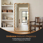 Wavy Mirror for Wall, 55"x28" Boho Wavy Wood Mirror Large Full Length Decorative Mirror with Tempered Glass, Natural Wooden Frame Vanity Mirror for Bedroom, Living Room, Entryway