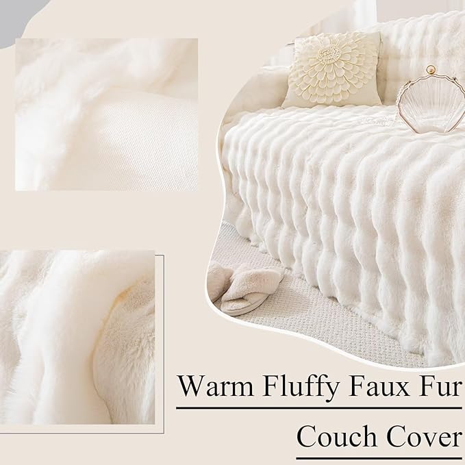 VClife Soft Plush Faux Fur Couch Cover, Warm Fuzzy White Sofa Covers for 3 Cushion Couch Sofa (71"x150") Non Slip Couch Covers for Dog Cat Washable Thick Furniture Protector for Pets