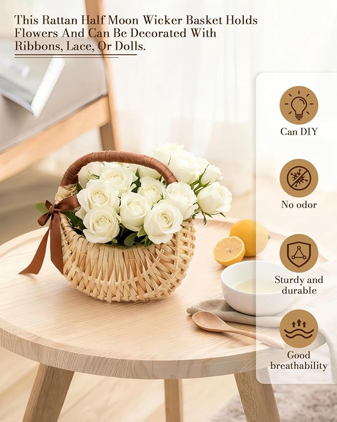 4 PCS Rattan Half Moon Wicker Basket, Small Wicker Woven Basket with Handle, Woven Wedding Flower Girl Baskets, Picnic Basket, for Home Wedding Decor, Photo Props, Camping
