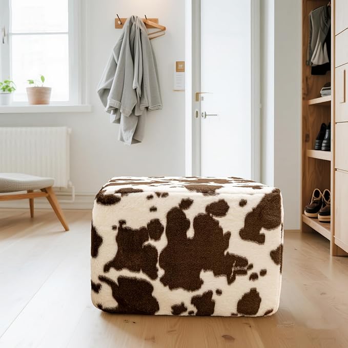 20x20x14 Inches Fluffy Square Pouf Ottoman - Plush Furry Boneless Ottoman Foot Rest Stool with High-Density Foam, Versatile Floor Seating for Living Room (Coffee Cow Print)