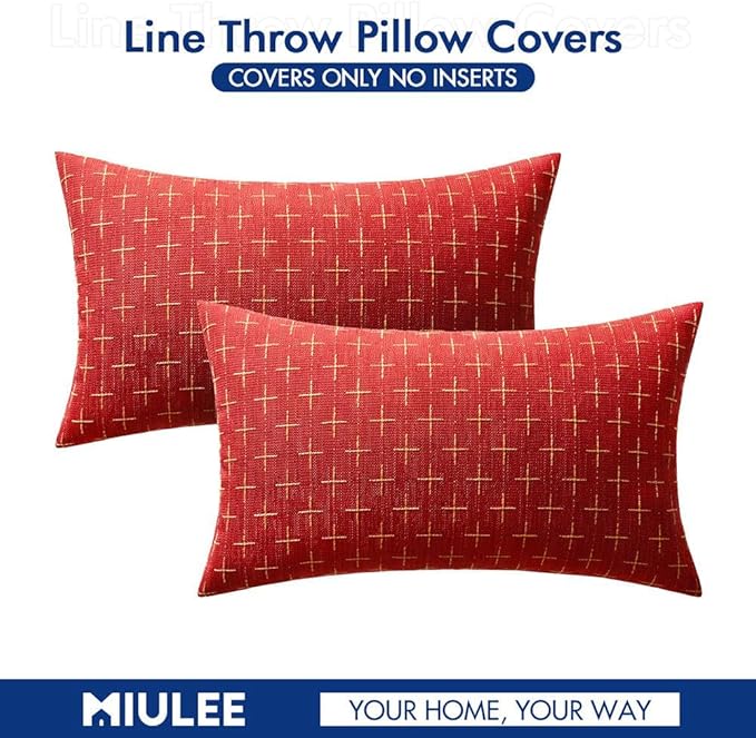 MIULEE Pack of 2 Christmas Decorative Burlap Linen Throw Pillow Covers Modern Farmhouse Pillowcase Rustic Woven Textured Cushion Cover for Sofa Couch Bed 12x20 Inch Christmas Red