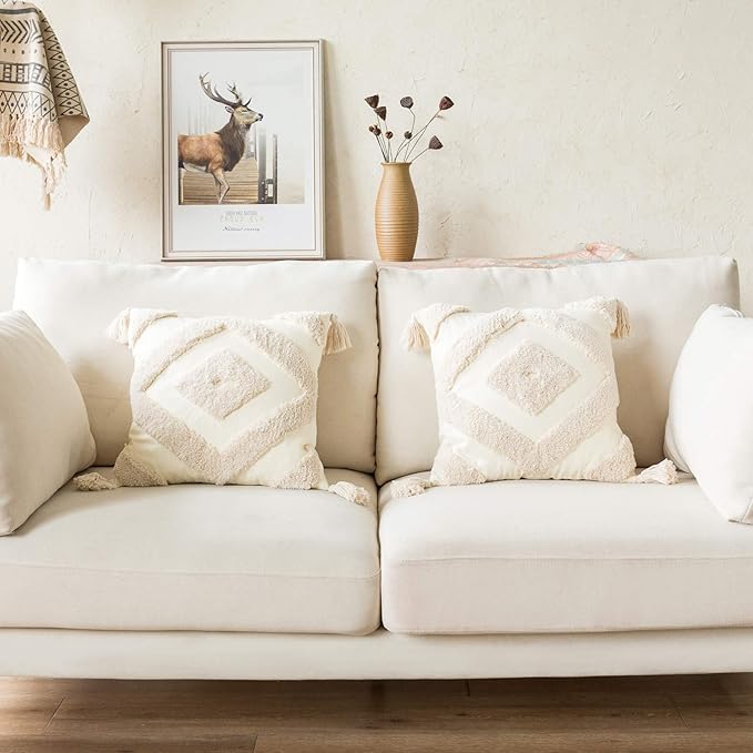 Snugtown Woven Tufted Boho Throw Pillow Cover Set of 2, Modern Decorative Geometric Diamond Chevron Cushion with Tassels, Farmhouse Tribal Pillowcase, 18 x 18 Inches, Ivory