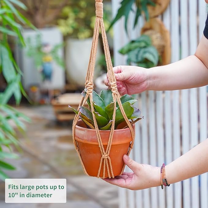 Hourglass Floating Macrame Plant Hangers 2 Pack Handmade Cotton Rope Hanging Planters Basket with S Hooks, Diamond Openwork Boho Home Decor for Indoor Outdoor, Plants Holder 35" & 39” (Caramel)
