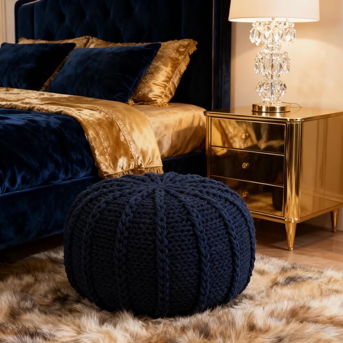 Round Pouf Ottoman, 18" Bordeaux Knitted Cotton Woven Round Pouf, Handmade Woven Bean Bag for Living Room, Floor Bag for Bedrooms, Home, Offices, Sofa Footrest (Deep Blue)