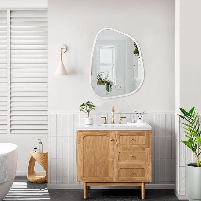 Irregular Wooden Framed Wall Mirror Modern Asymmetrical Unique Hanging Mirror Artistic Boho Mirror Decor Bathroom Vanity Bedroom Living Room Entryway Hallway 20"x16"