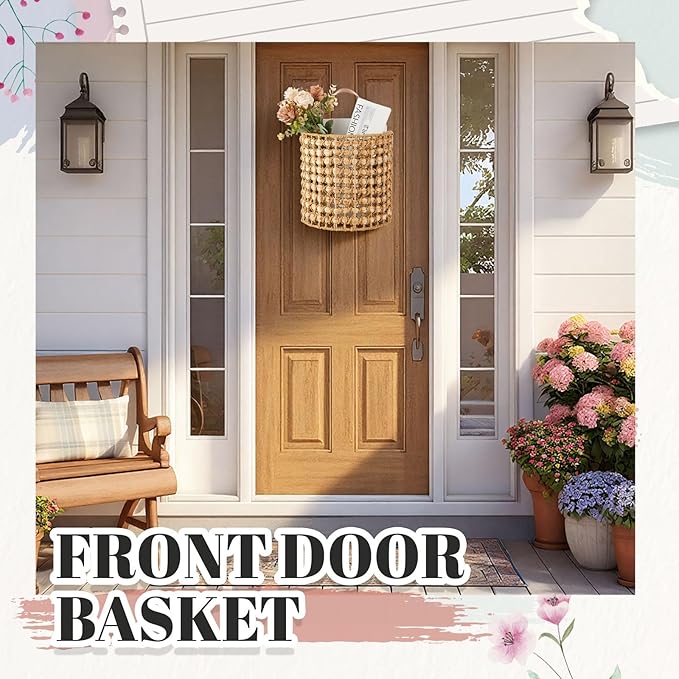 Chunful 2 Pcs Water Hyacinth Hanging Wicker Basket, Natural Wicker Decorative Baskets, Handmade Woven Storage Organizer for House Garden Wedding Wall Decorations, Large & Small Size(Classic Plaid)