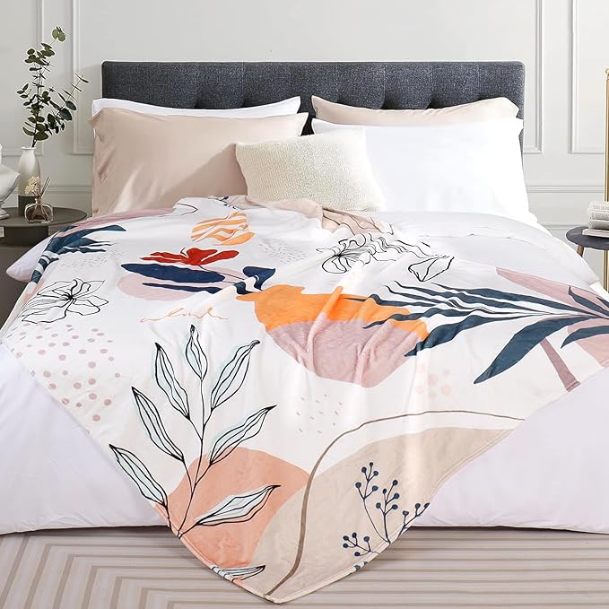 Boho Throw Blanket Minimalist Mid Century Blanket Modern Abstract Art Blankets Floral Plant Print Bed Blanket Super Soft Fleece Flannel Throw Blanket for Couch 50"x60"