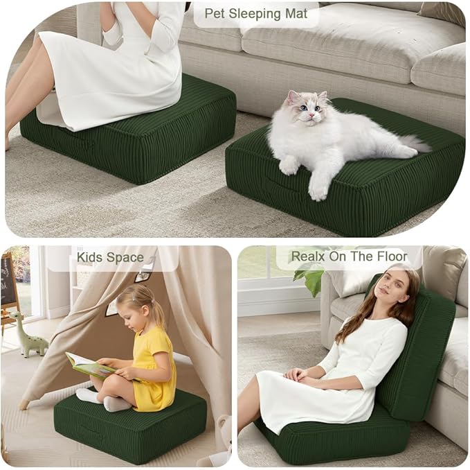 Floor Pillow for Adults, 8" Square Floor Cushions with Washable Cover, Large Corduroy Meditation Pillow, 22 inches Tatami Seat with Handle for Living Room or Yoga, Green