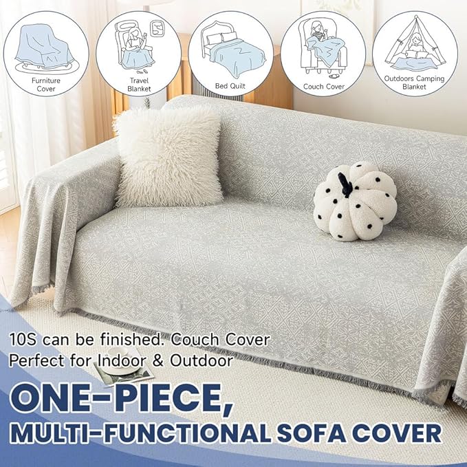 ROOMLIFE Gray Couch Cover Boho Sofa Covers for 3 Cushion Couch Washable, Furniture Protector Sofa Couch Cover for Dogs, Soft Breathable Sofa Slipcover, Couch Throw Blankets with Tassels 71''X118''