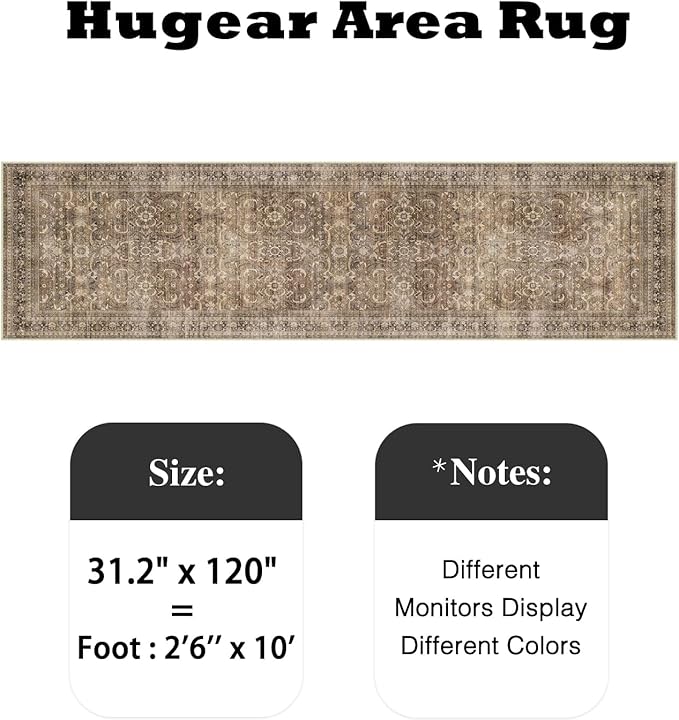 HUGEAR 2'6''x10' Runner Rug Hallway Vintage Brown Machine Washable Retro Floral Low Pile Carpet Distressed Long Throw Rug Bedroom Kitchen Laundry Non Slip Soft Lightweight