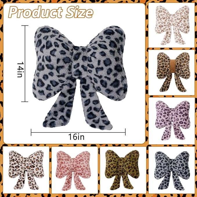 Leopard Print Throw Pillow Furry Bow Plush Pillows Cute Flower Plush Pillow Cheetah Home Decor Stuffed Bow Lumbar Pillow for Bed Couch Living Room Decor (Blue, 16in)