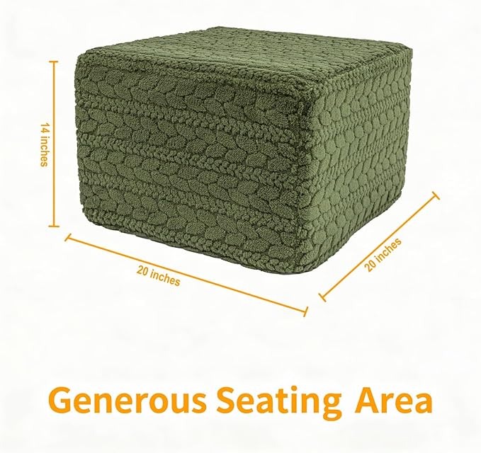20x20x14 Inches Fluffy Square Pouf Ottoman - Plush Furry Boneless Ottoman Foot Rest Stool with High-Density Foam, Versatile Floor Seating for Living Room (Forest Green)