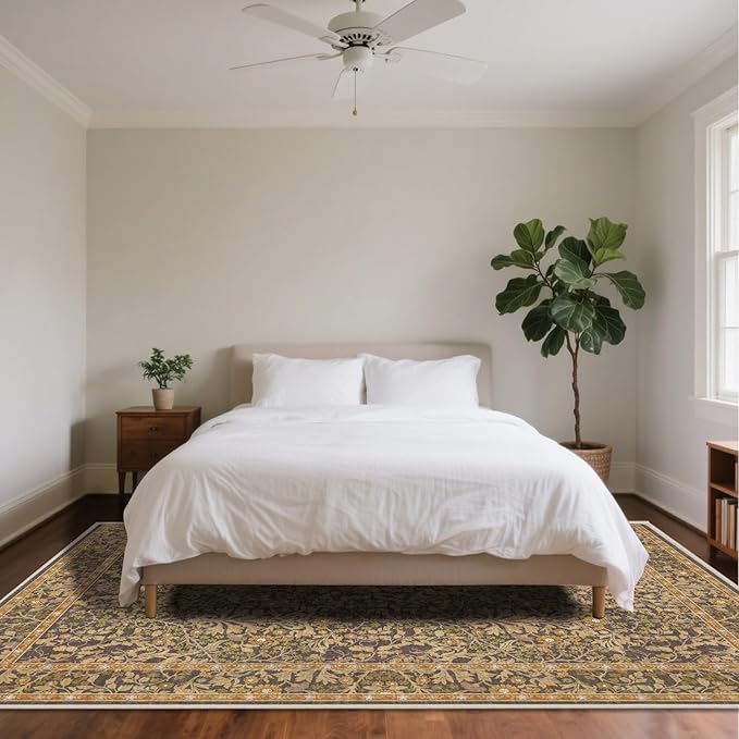8x10 Washable Area Rugs for Living Room, Stain Resistant Vintage Rugs for Dining Room Under Kitchen Table, Bedroom, Floral Low Pile Non-Slip Large Carpet (8 x 10 Goldenrod)