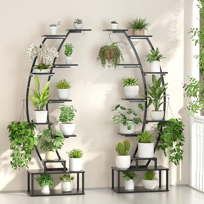 Plant Stand Shelf Rack Indoor with 8 Built in Grow Light, 10 Tiered 65" Tall Black Large Lighted Half Moon Curved Plant Stand for Indoor Growing, 2 Pack Arch Sturdy High Herb Flower Shelving