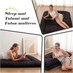 Japanese Floor Mattress, Futon Mattress with Portable Storage Bag and Washable Cover, Roll Up Thick Tatami Mat Suitable for Camping, Guest Room, Black, Full